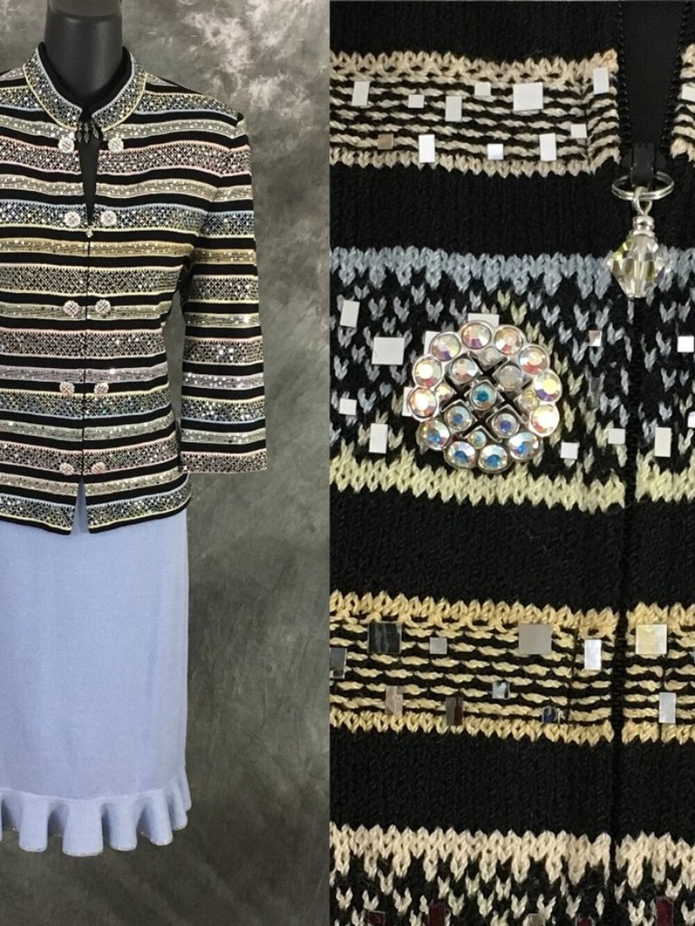 BEAUTIFUL st john evening knit blue pink black rhinestones skirt suit size 6